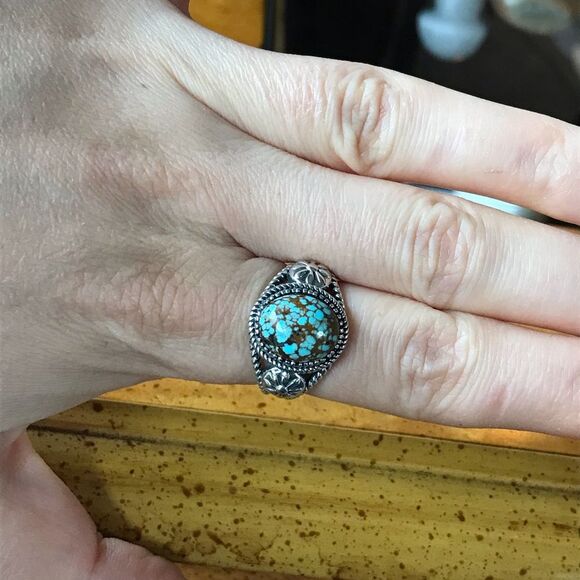 Blue Turquoise Sterling Silver Flower Ring Size 8 - Picture 2 of 9